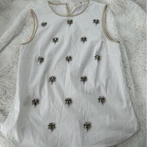 J‎ Crew Factory Women 4 Tank Top White Beaded Jeweled Front Sleeveless Blouse